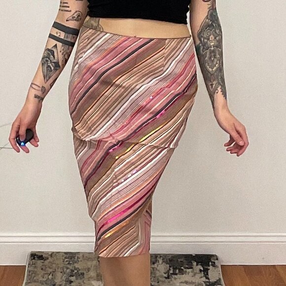 Y2K Missoni Striped Regular Pencil Skirt Back Zip Size 12 Pink - Picture 1 of 8